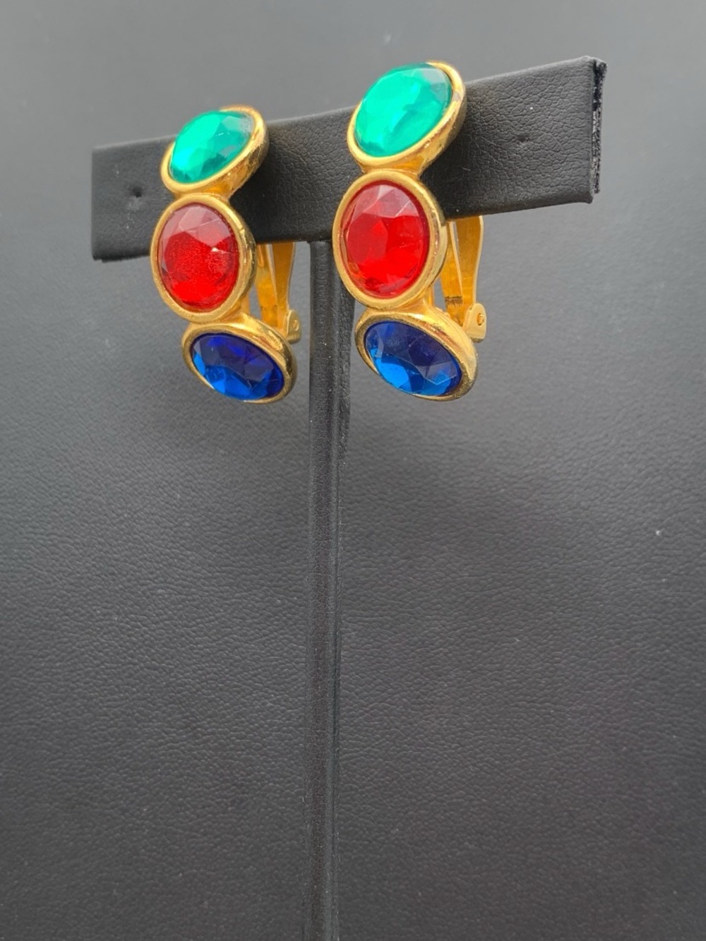 Vintage Gold-Tone Tri-Color Gem Clip-On Earrings - Red, Green & Blue